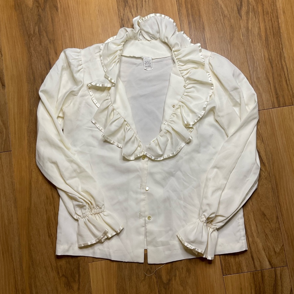 Vintage Ruffled Deep V Neck Long Sleeve Blouse with Ruffles Cuffs Size 12